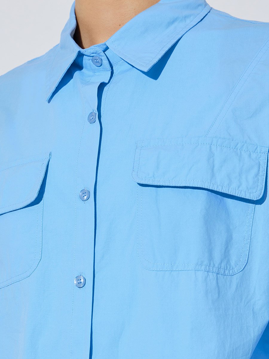 Blue Solid Long Sleeves Shirt Oversized with Pockets