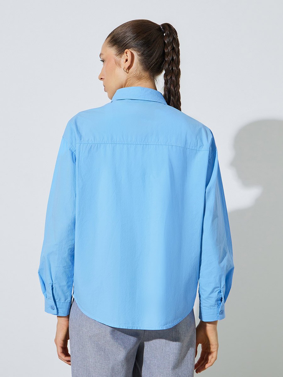 Blue Solid Long Sleeves Shirt Oversized with Pockets