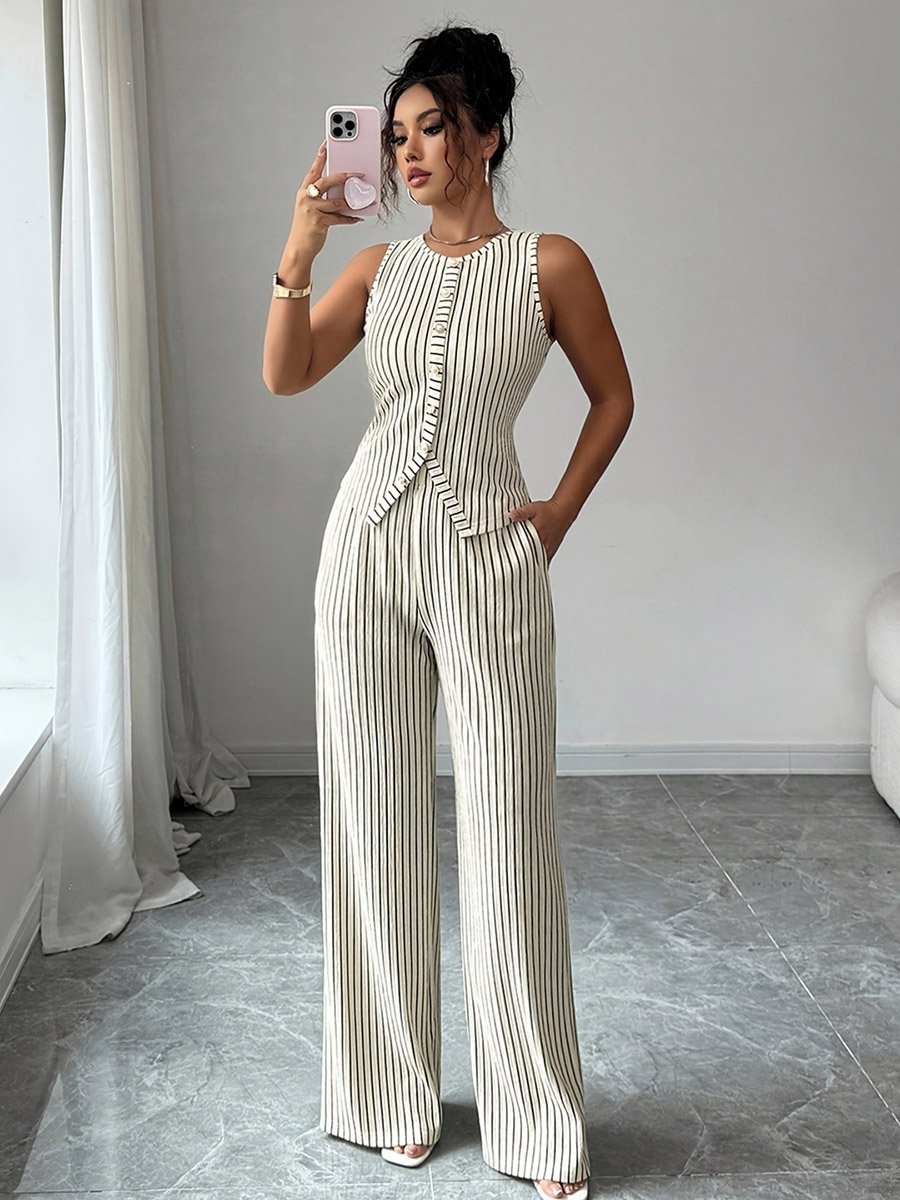 White Striped Waistcoat and Wide Leg Pants Co-ord Set