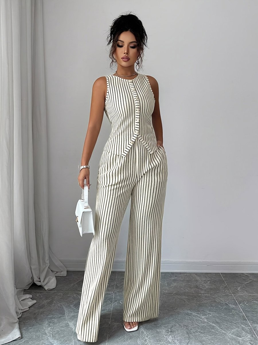 White Striped Waistcoat and Wide Leg Pants Co-ord Set