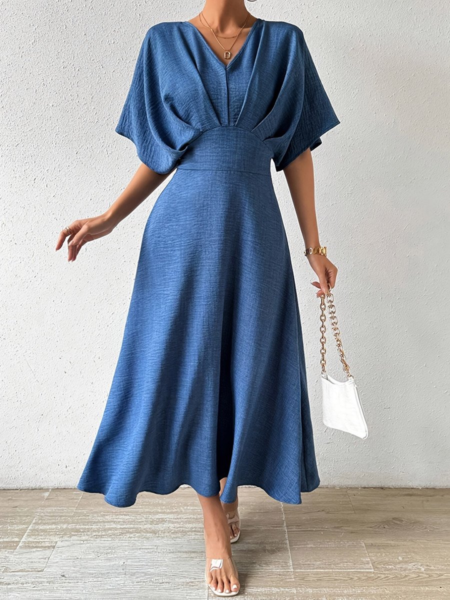 Blue Fold Pleated A-Line Midi Dress