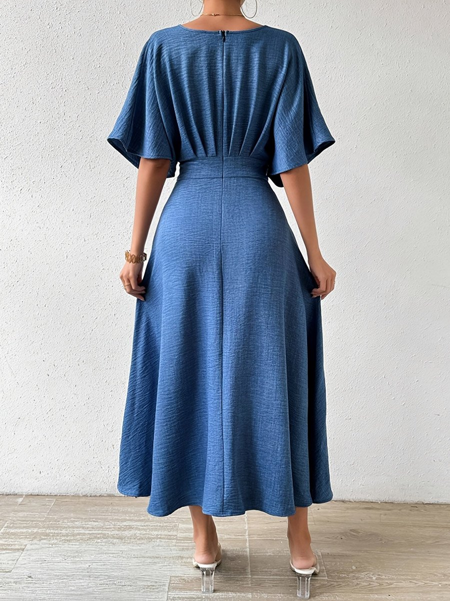 Blue Fold Pleated A-Line Midi Dress