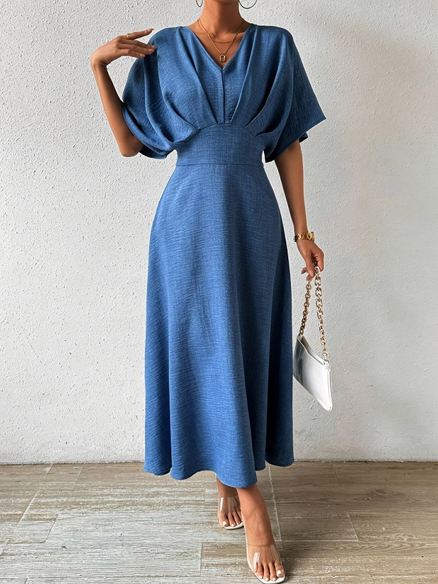 Blue Fold Pleated A-Line Midi Dress