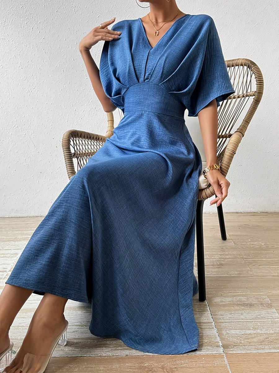 Blue Fold Pleated A-Line Midi Dress