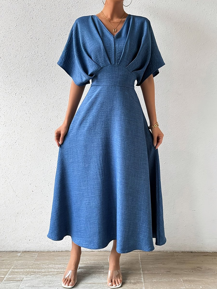Blue Fold Pleated A-Line Midi Dress