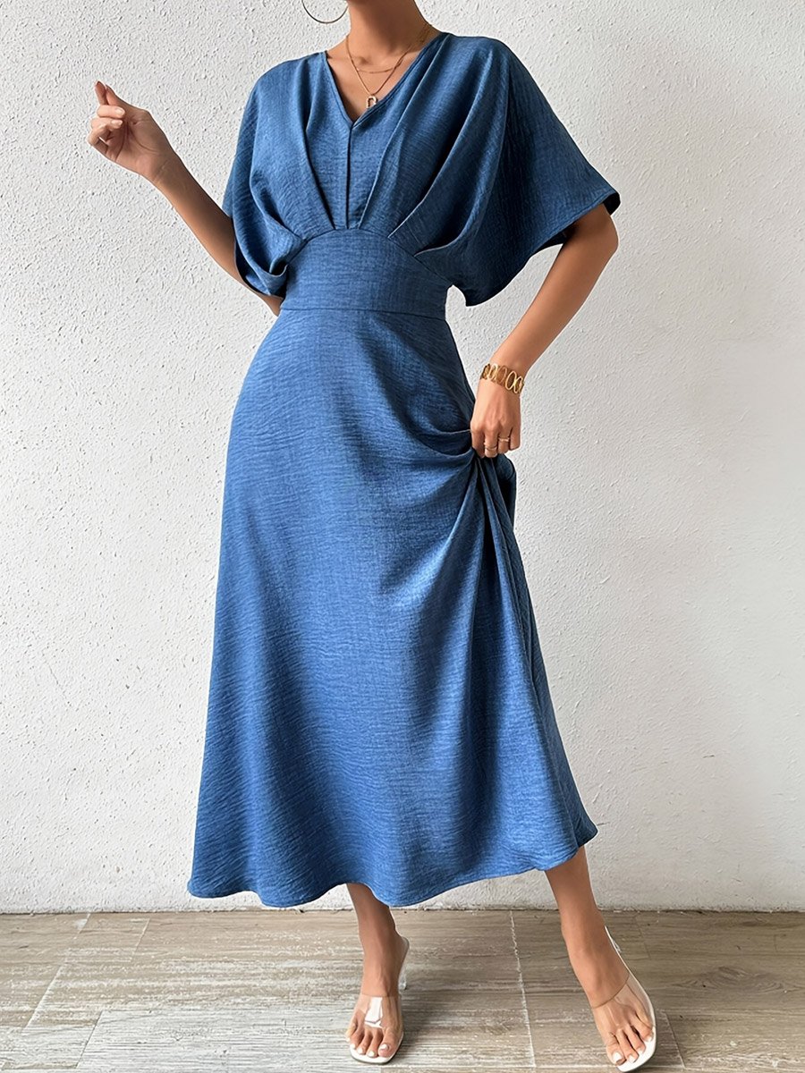 Blue Fold Pleated A-Line Midi Dress