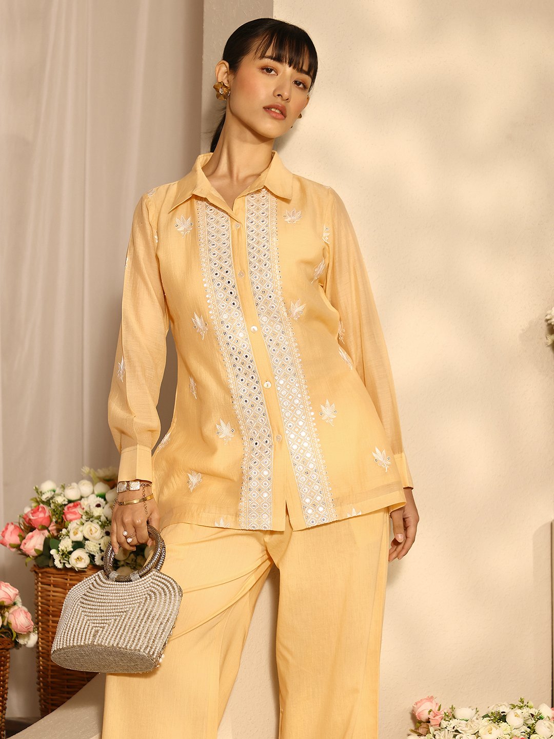 Yellow Embroidered Chanderi Silk Co-Ords