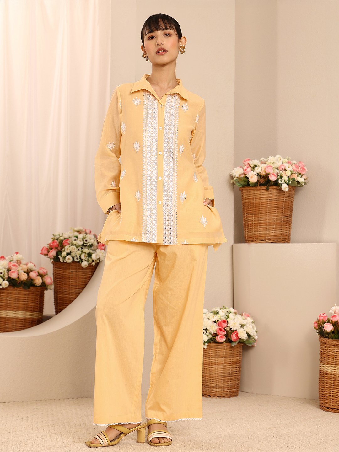 Yellow Embroidered Chanderi Silk Co-Ords