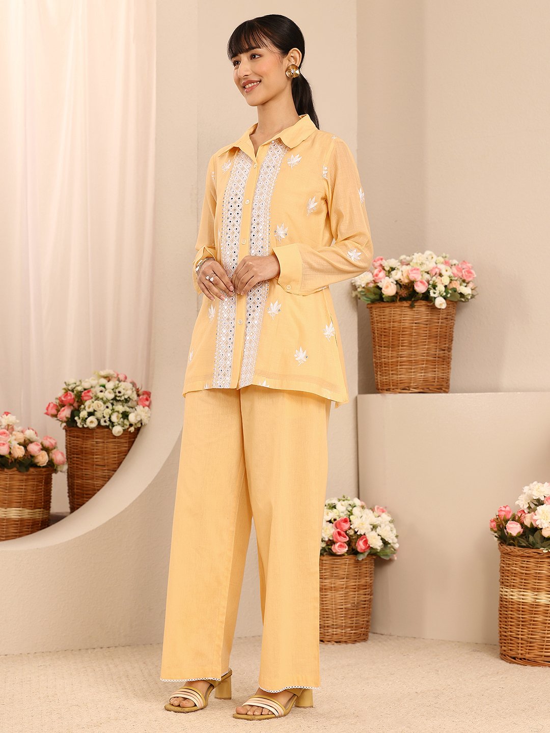 Yellow Embroidered Chanderi Silk Co-Ords