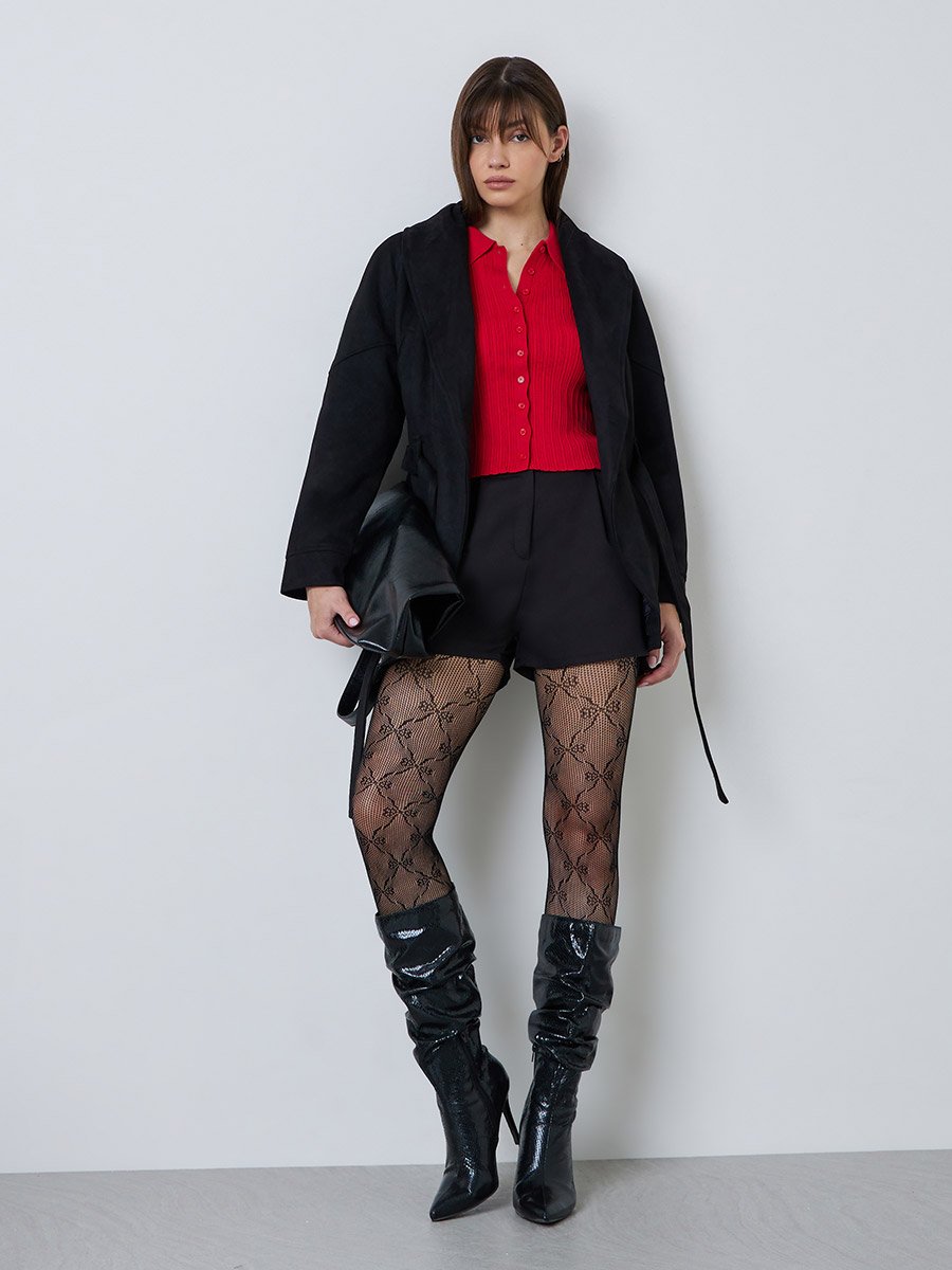 Black Regular Fit Longline Belted Suede-Look Coat