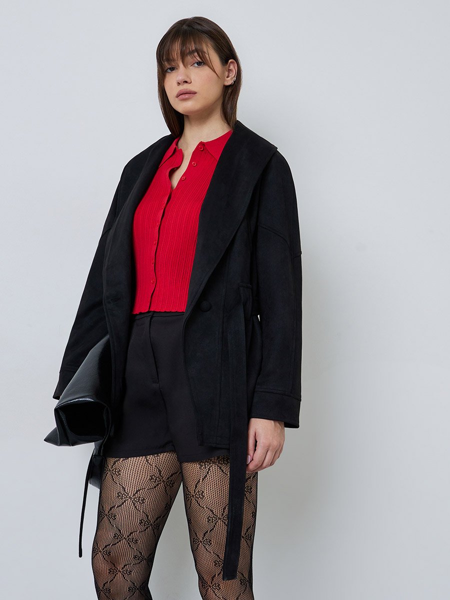 Black Regular Fit Longline Belted Suede-Look Coat
