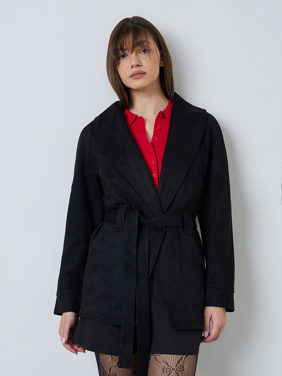 Black Regular Fit Longline Belted Suede-Look Coat