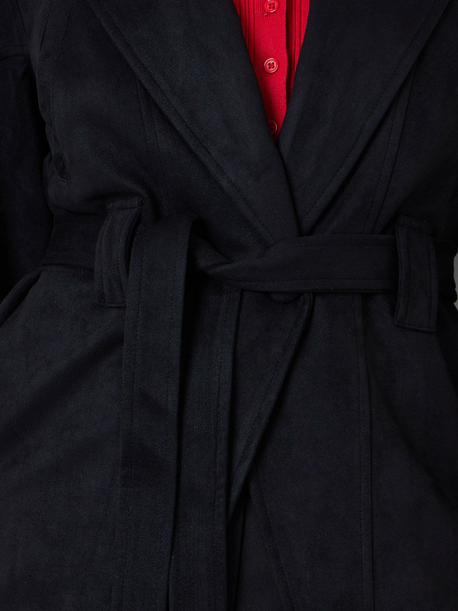 Black Regular Fit Longline Belted Suede-Look Coat