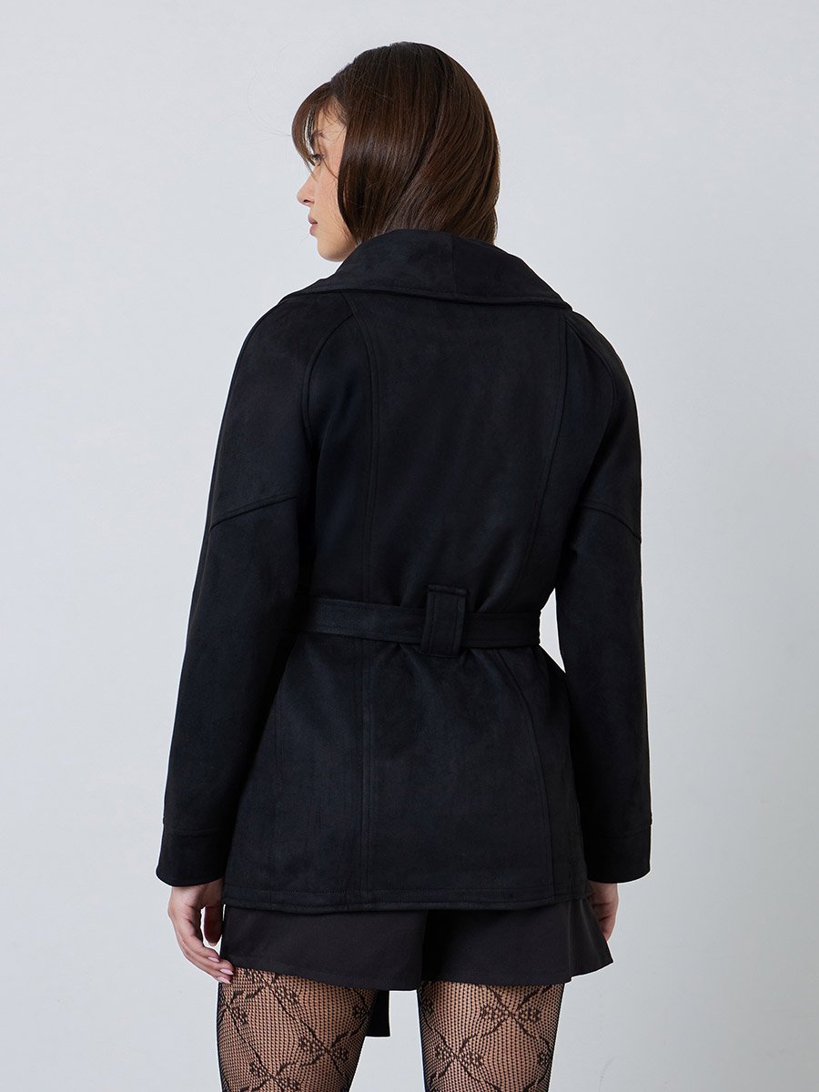 Black Regular Fit Longline Belted Suede-Look Coat