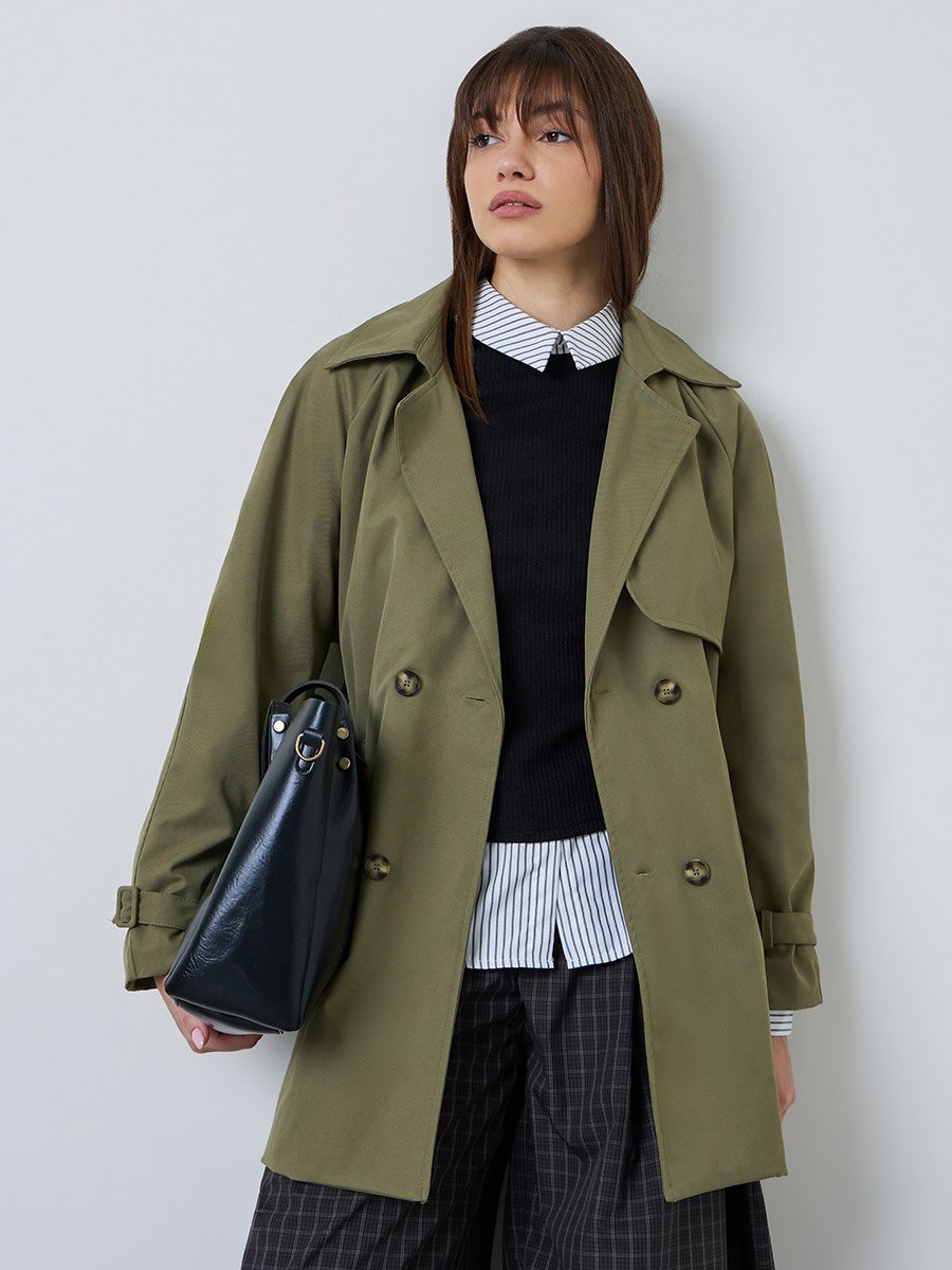 Khaki Regular Fit Longline Belted Trench Coat