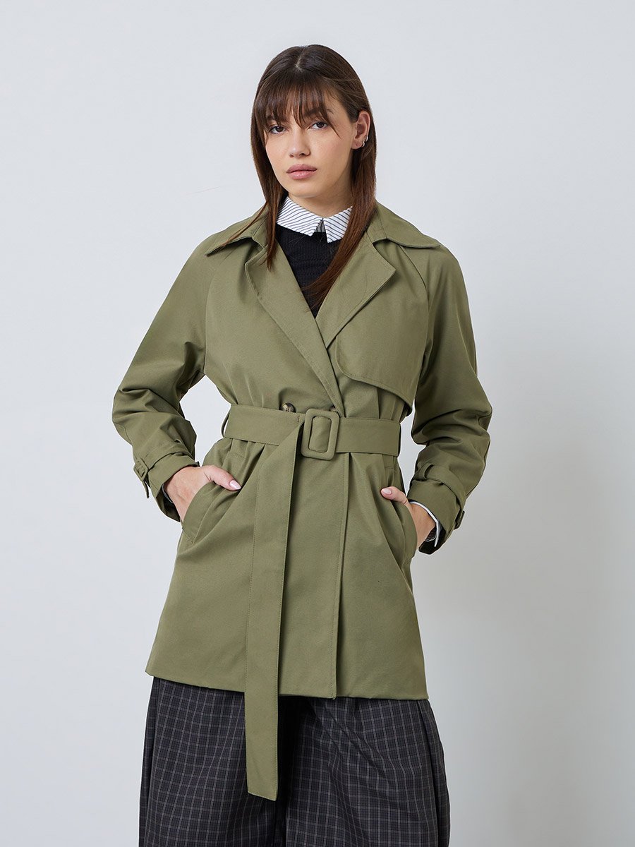 Khaki Regular Fit Longline Belted Trench Coat