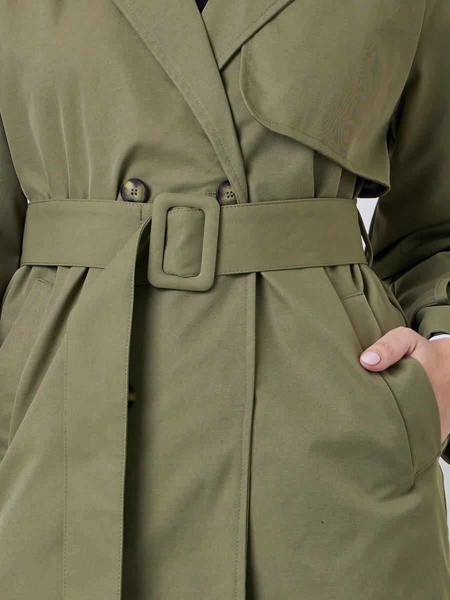 Khaki Regular Fit Longline Belted Trench Coat