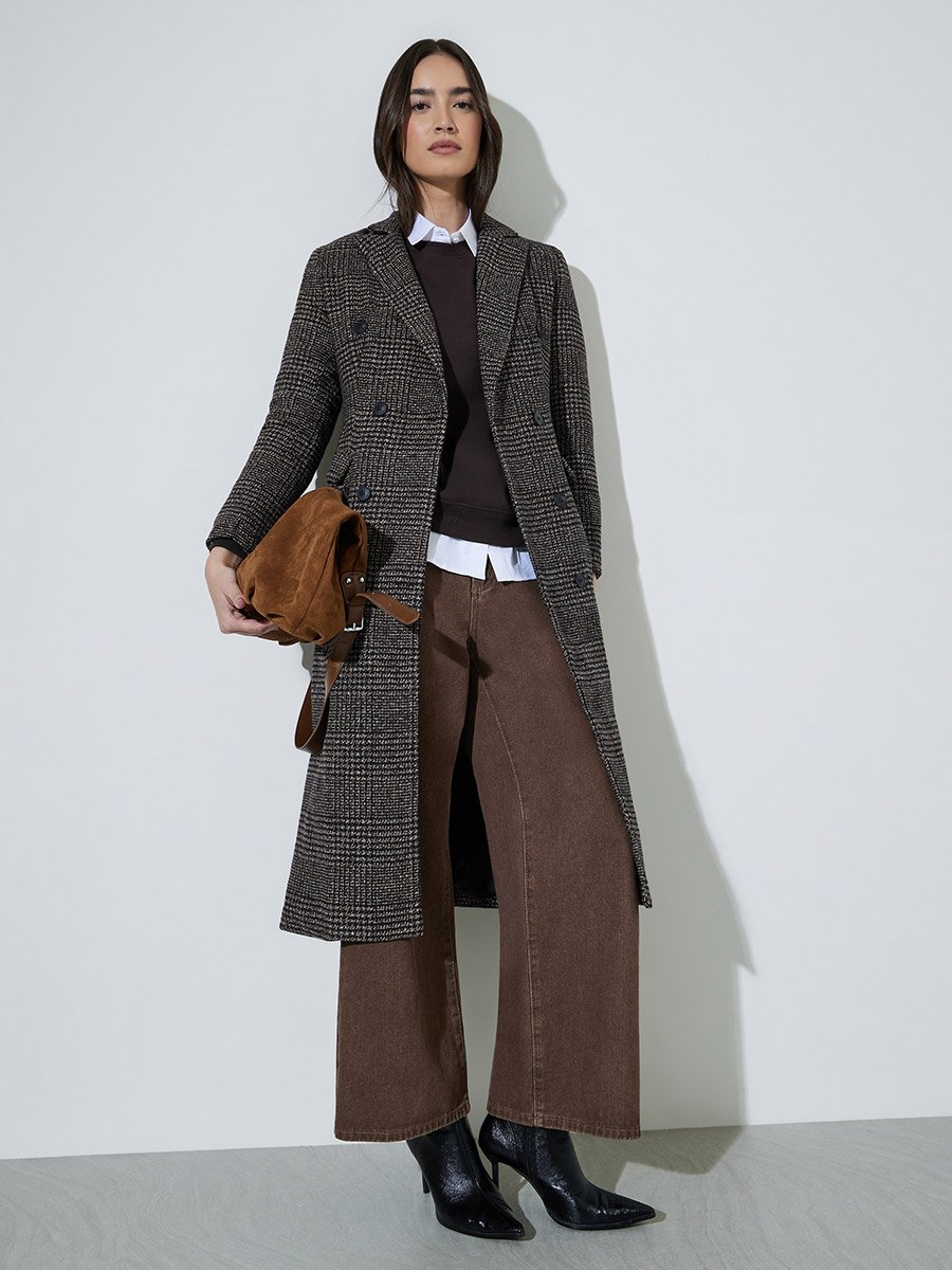Regular Fit Double Breasted Wool-Like Checked Coat