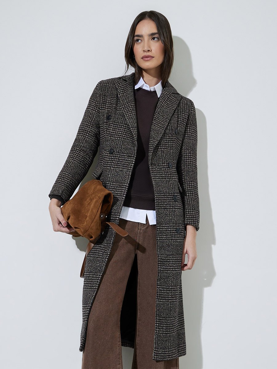 Regular Fit Double Breasted Wool-Like Checked Coat