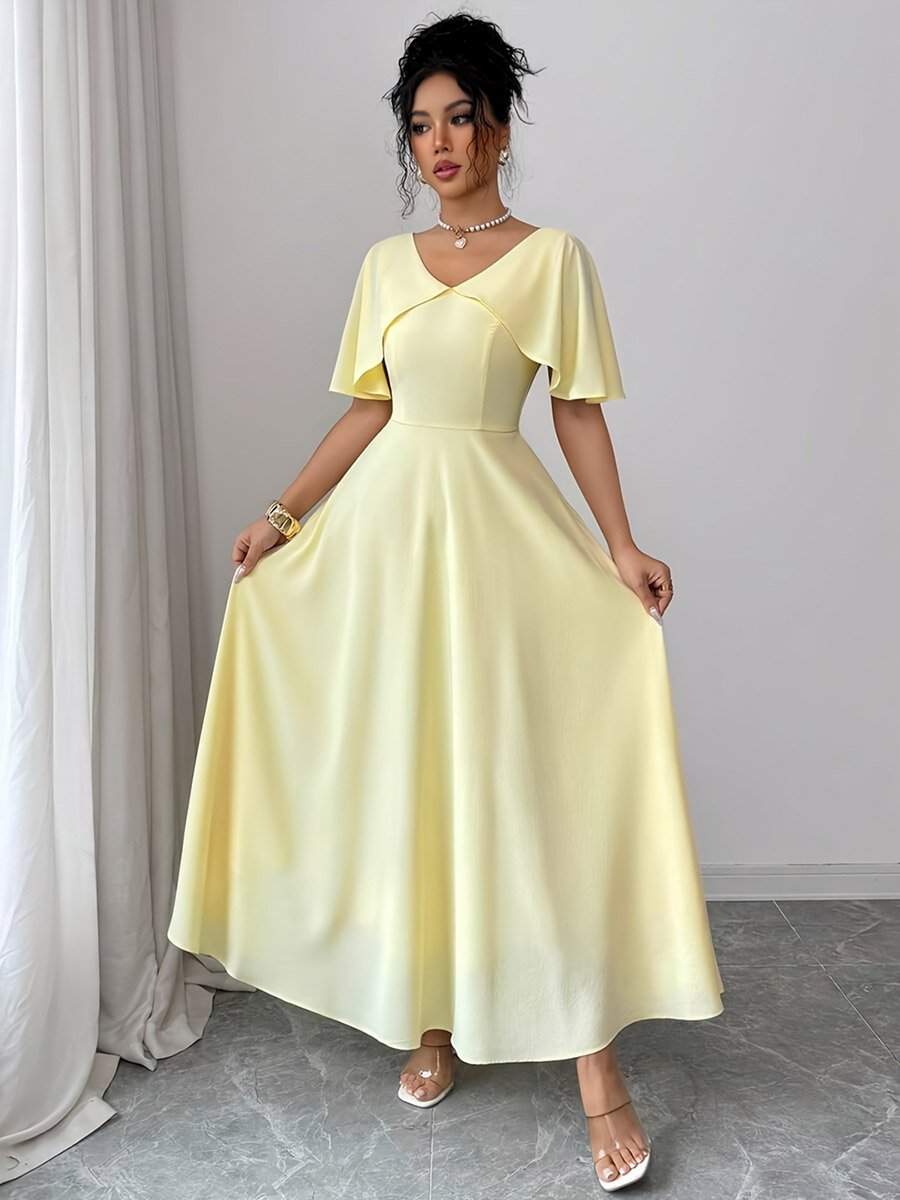 Yellow Cape Sleeve A-Line Maxi Dress