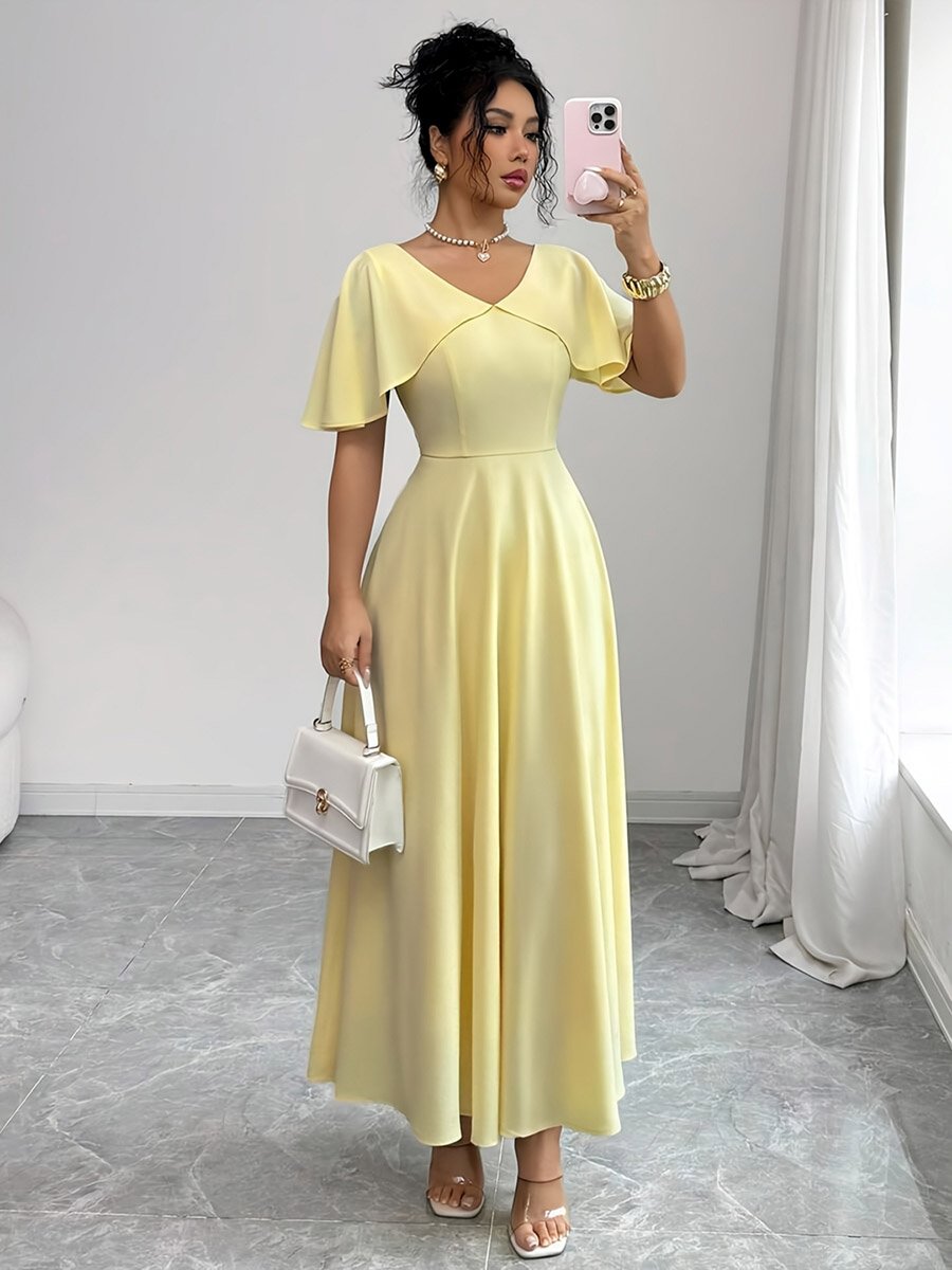Yellow Cape Sleeve A-Line Maxi Dress