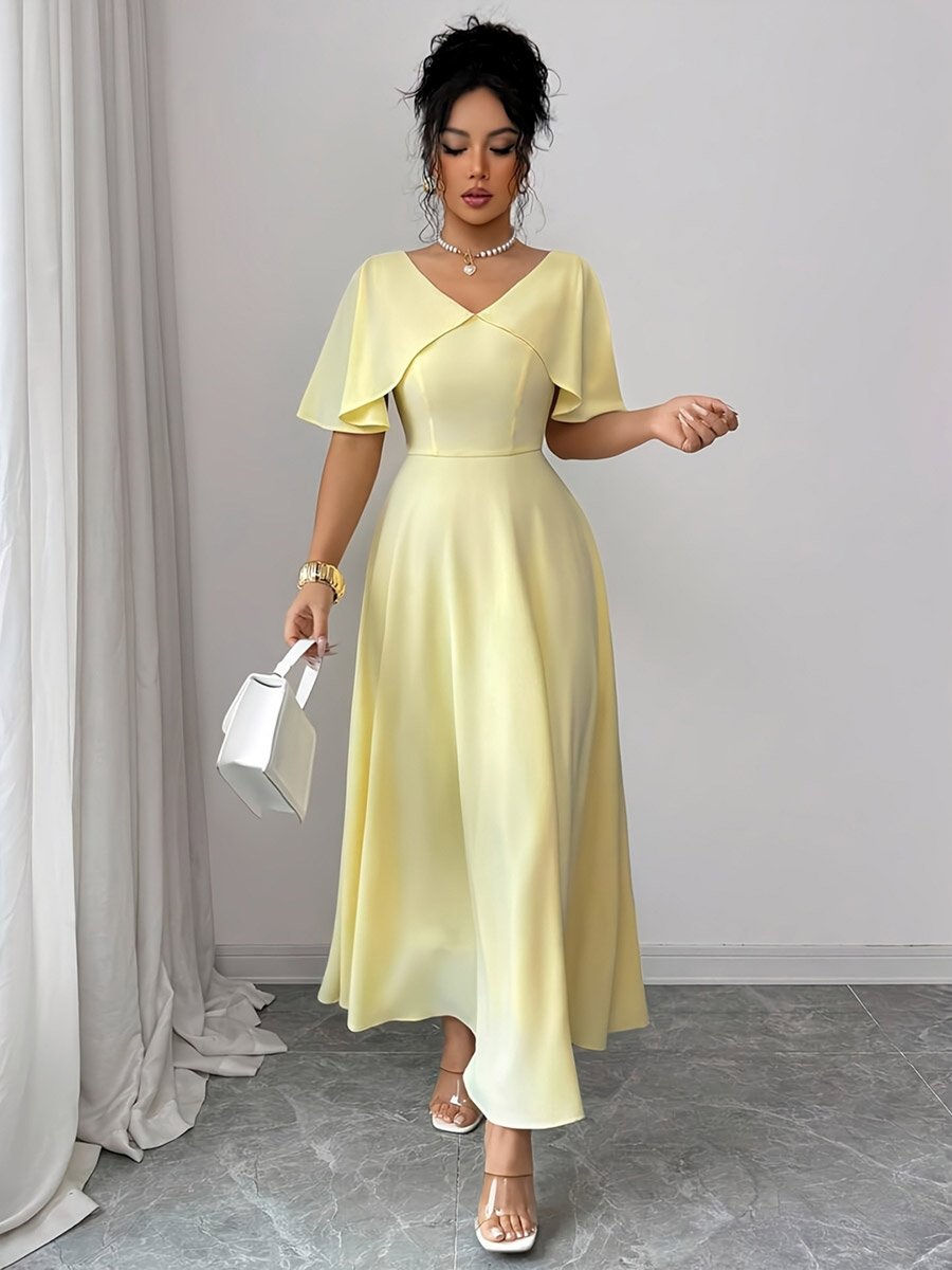 Yellow Cape Sleeve A-Line Maxi Dress