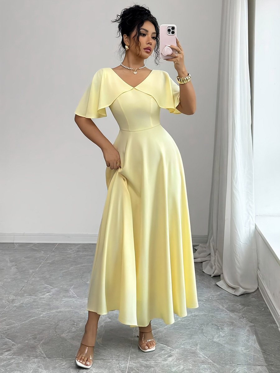 Yellow Cape Sleeve A-Line Maxi Dress