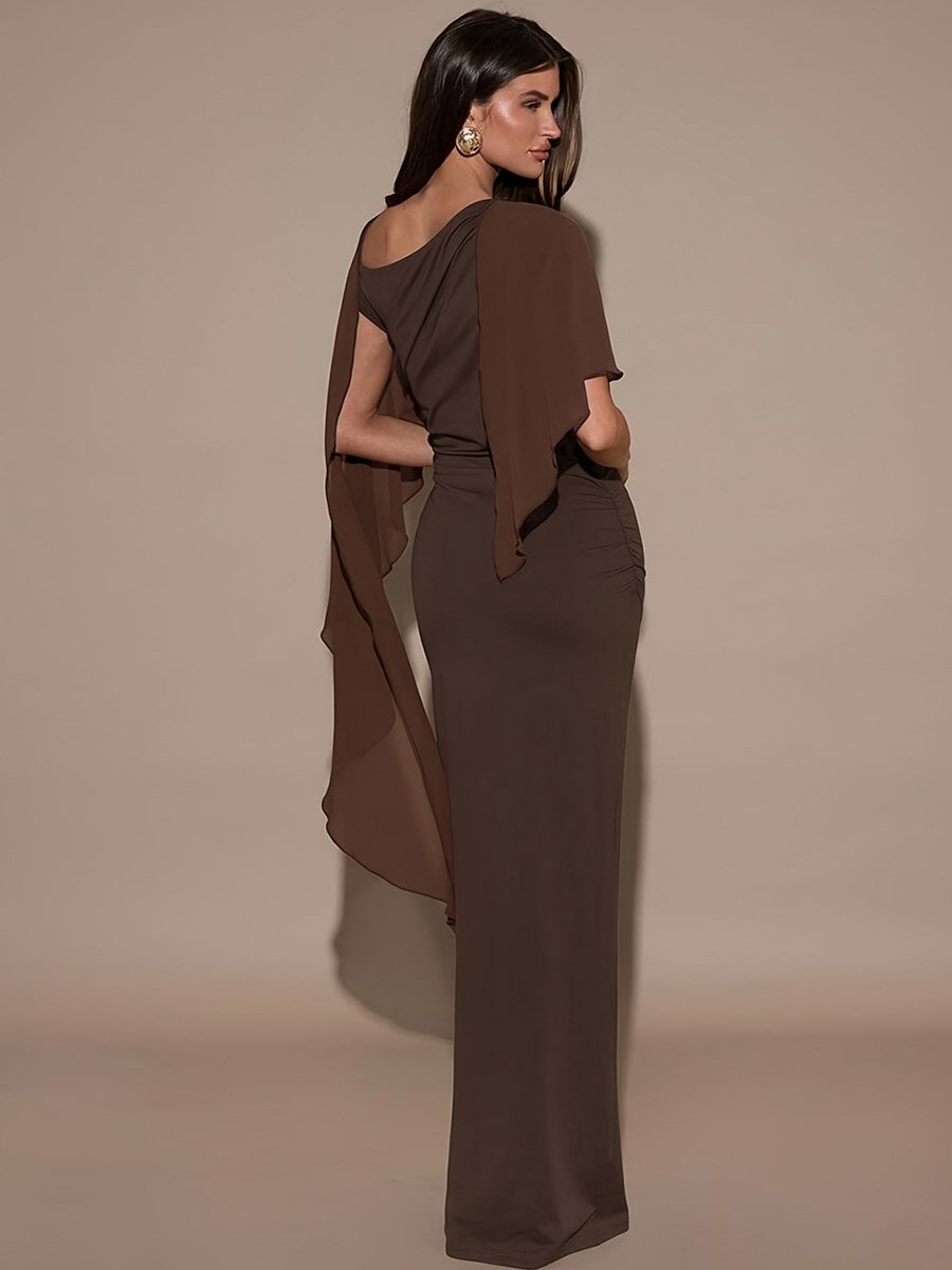 Brown Bodycon Maxi Dress with Cape Overlay