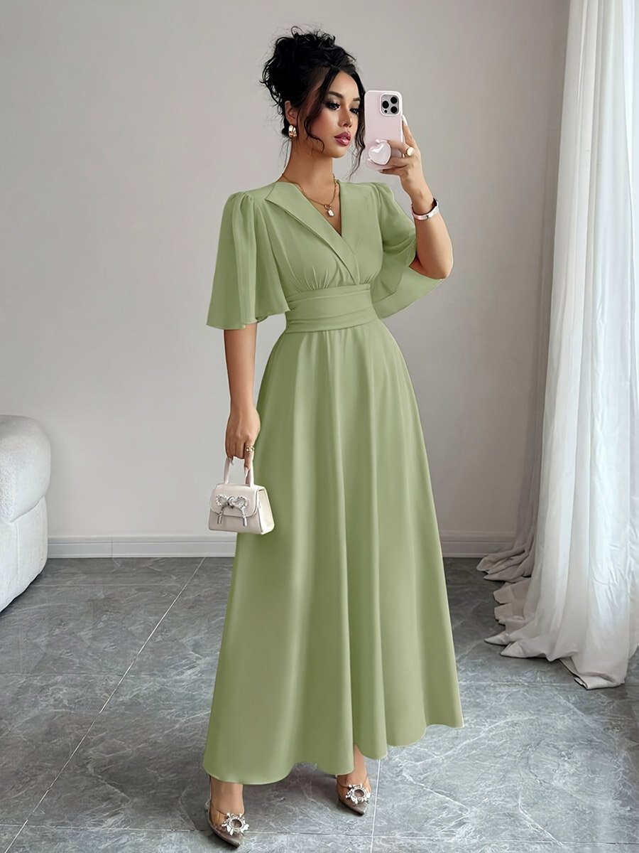 Shawl Collar Dress Formal 25156-Draped Shawl-Collar Satin Long Evening Dress Yeşil 38