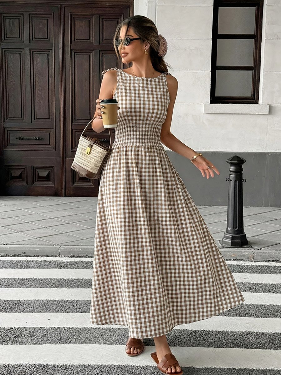 Khaki Gingham Check Sleeveless Maxi Dress