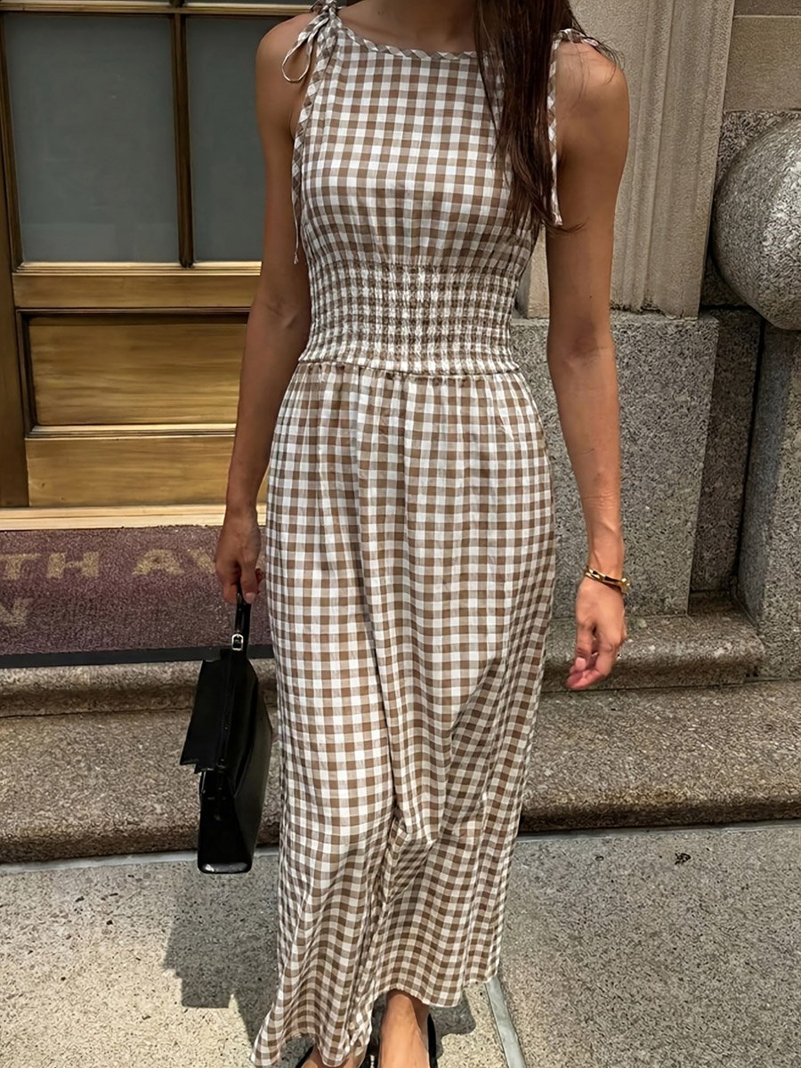 Khaki Gingham Check Sleeveless Maxi Dress