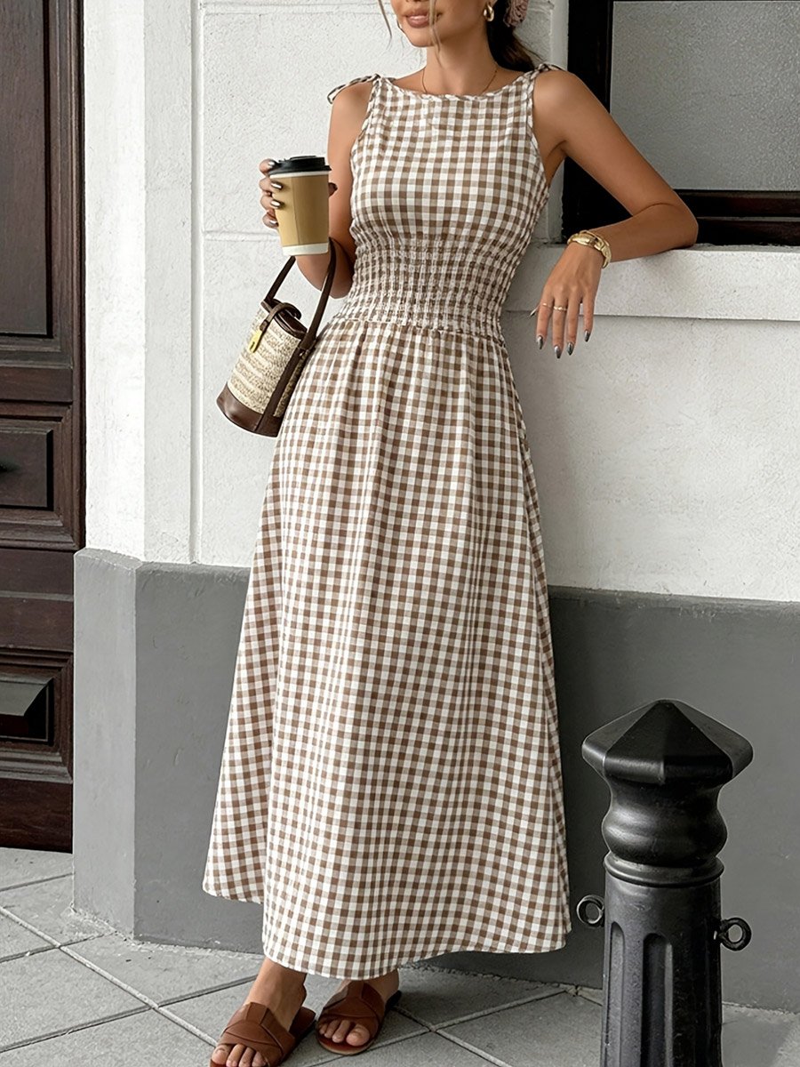 Khaki Gingham Check Sleeveless Maxi Dress