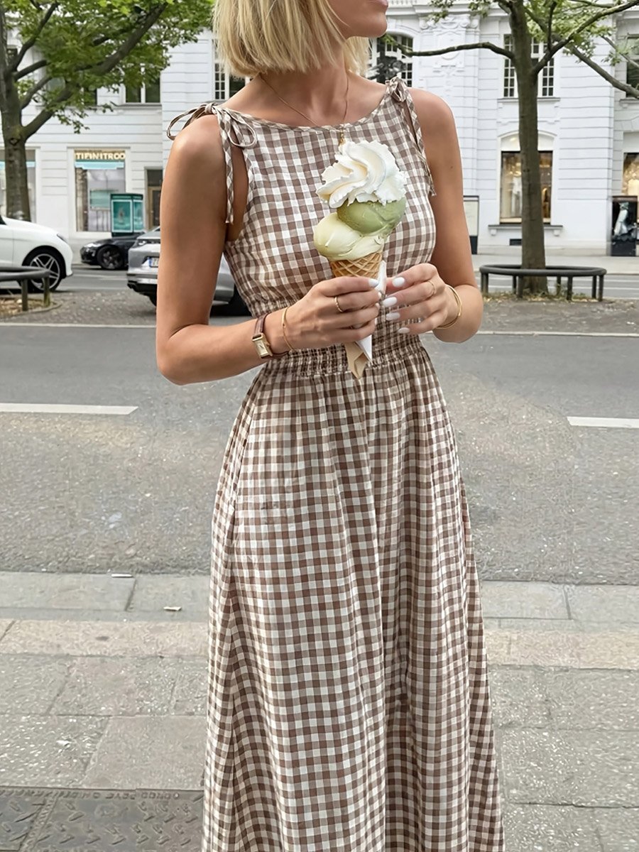 Khaki Gingham Check Sleeveless Maxi Dress