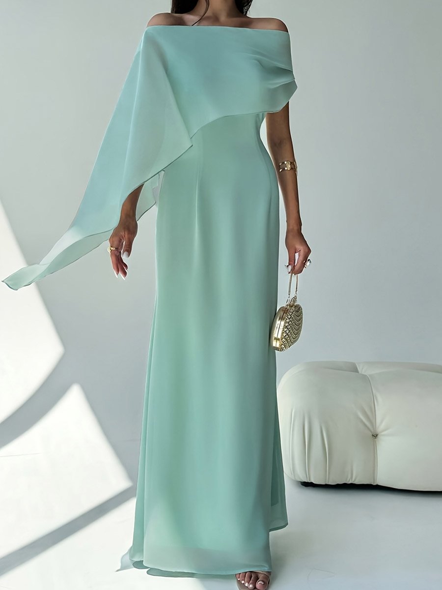 Green Off Shoulder Draped Maxi Dress