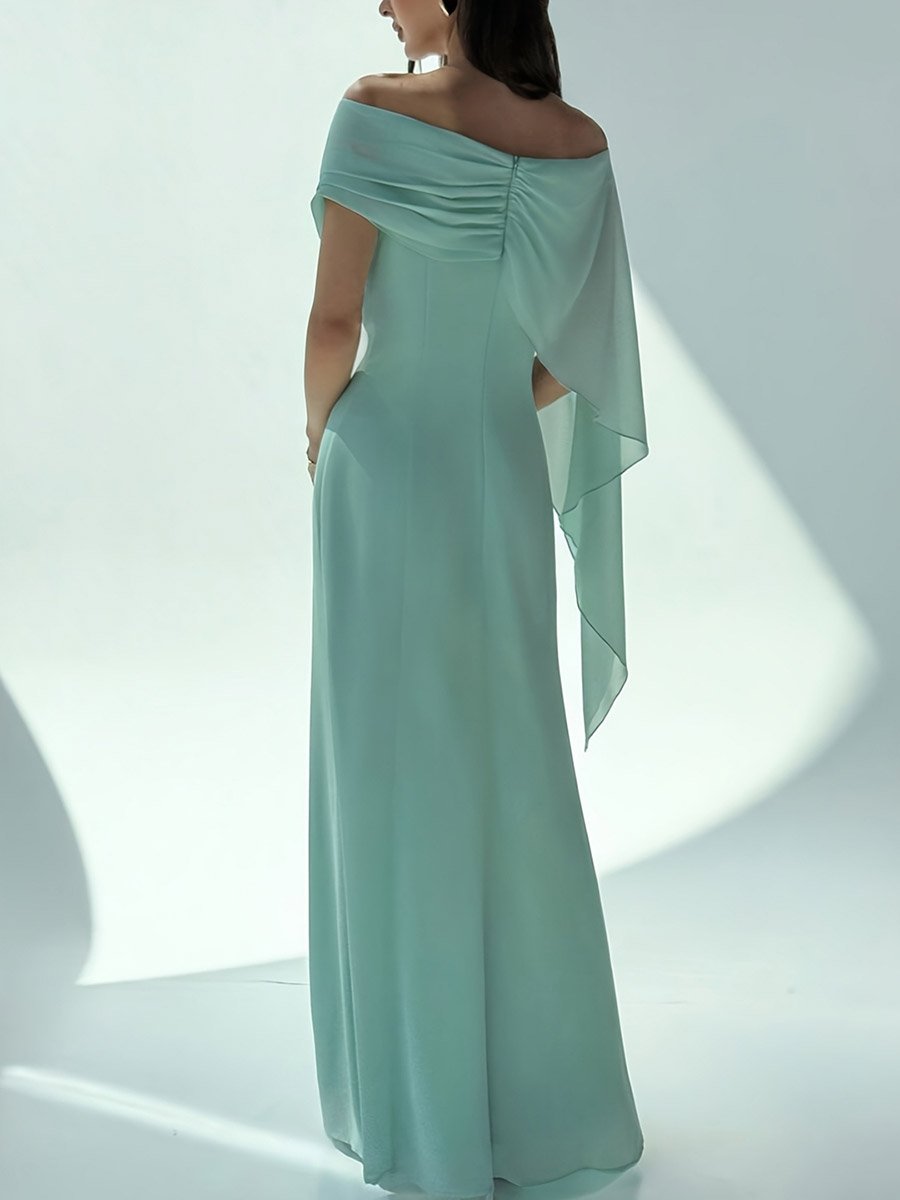 Green Off Shoulder Draped Maxi Dress