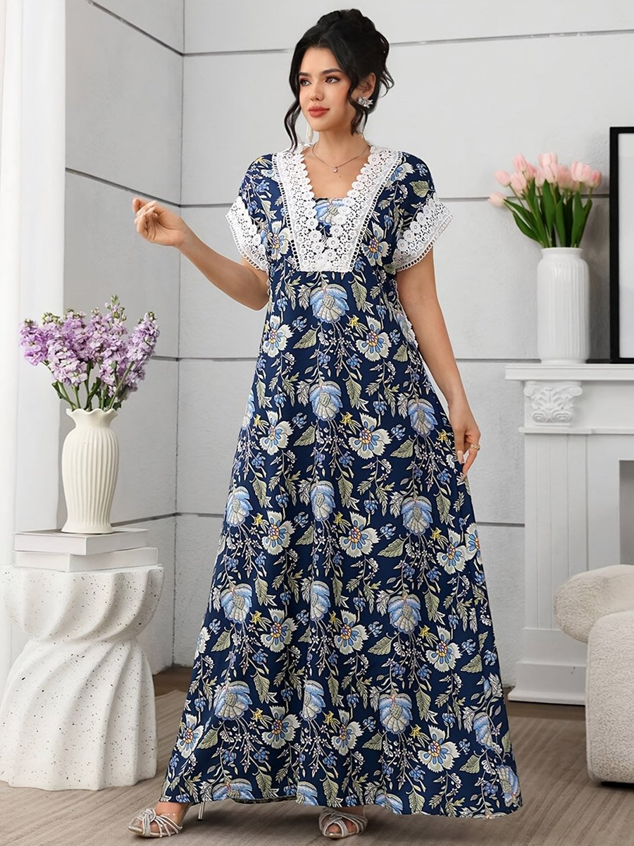 Blue Floral Maxi Dress with Lace Trim