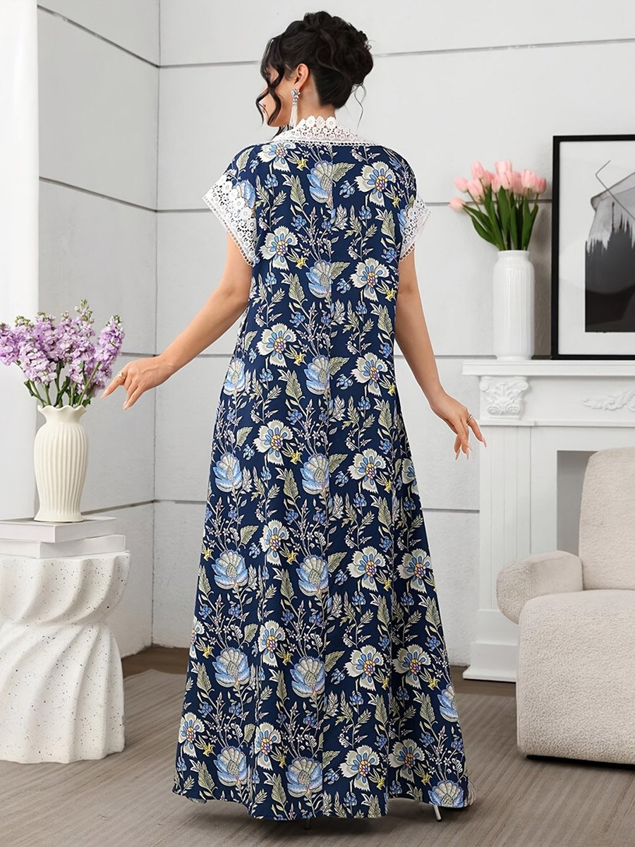 Blue Floral Maxi Dress with Lace Trim