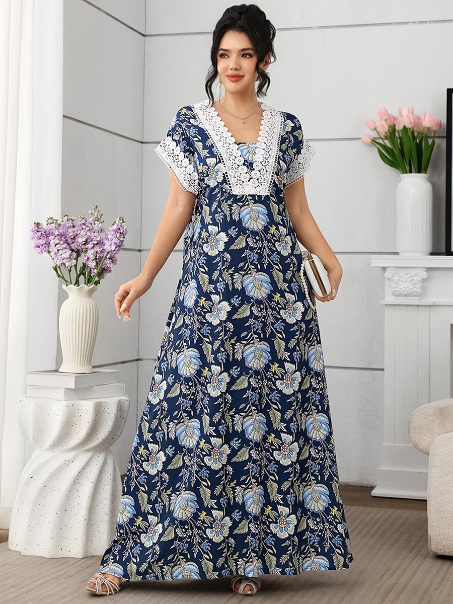 Blue Floral Maxi Dress with Lace Trim