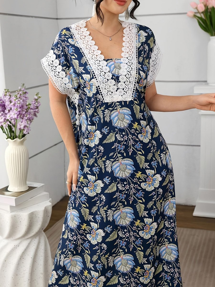Blue Floral Maxi Dress with Lace Trim