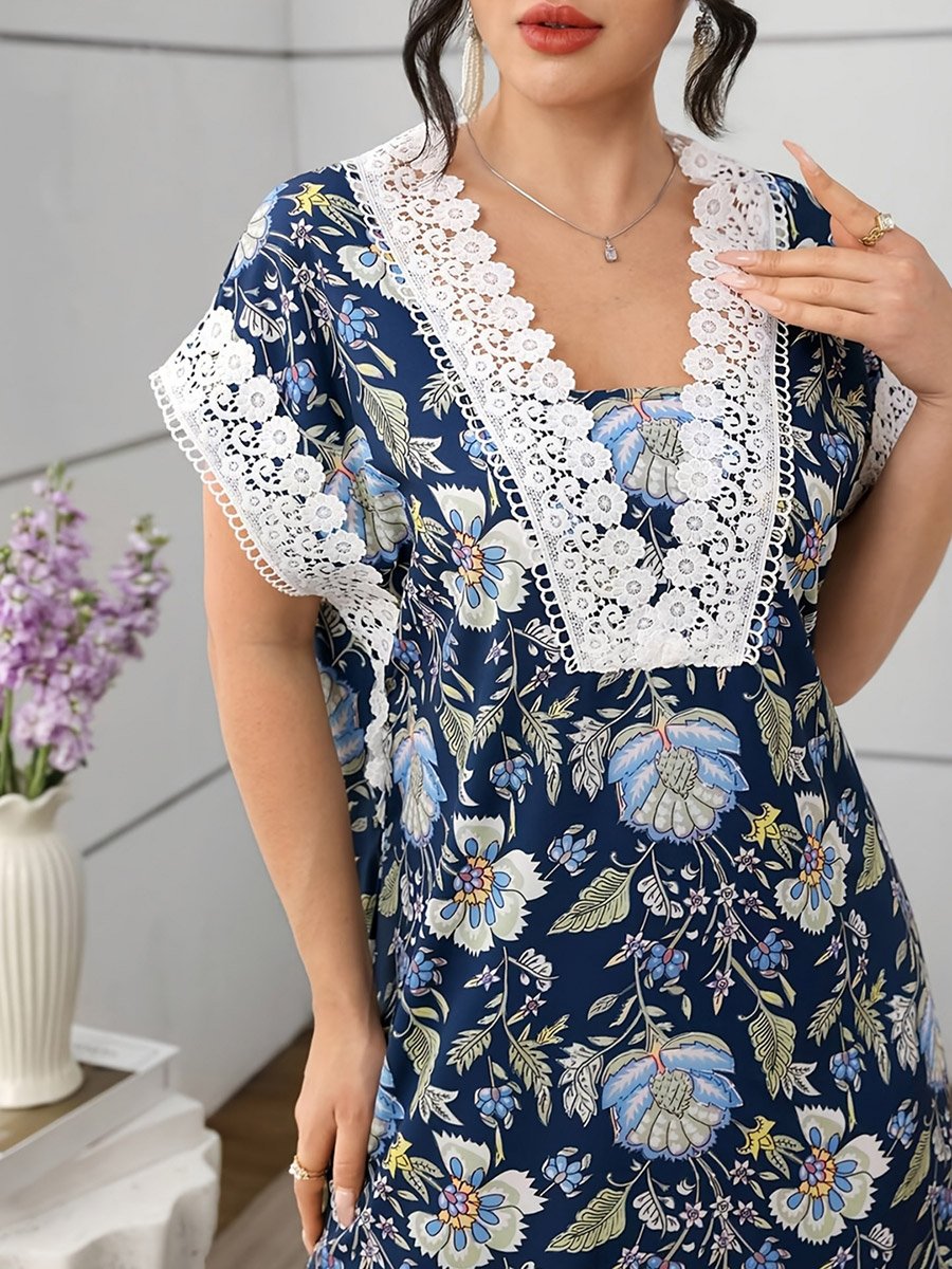 Blue Floral Maxi Dress with Lace Trim