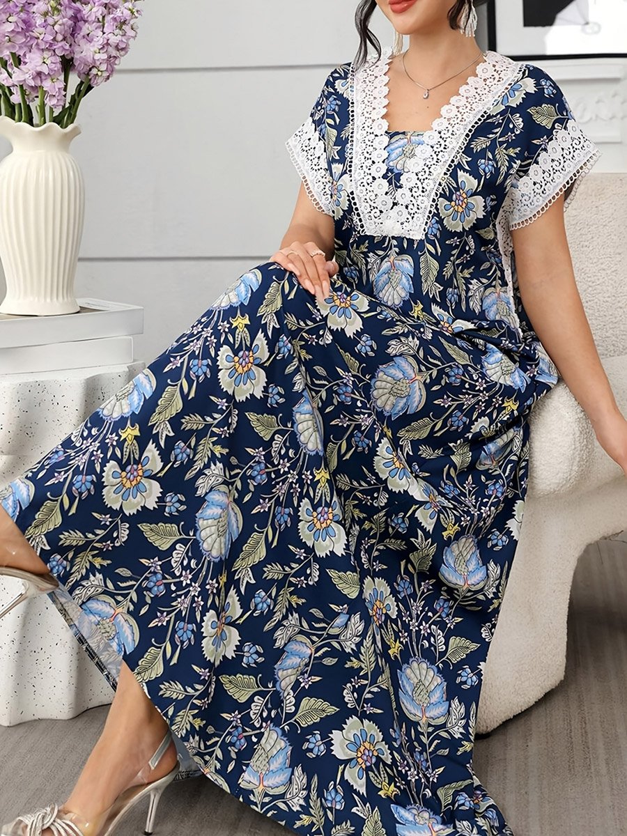 Blue Floral Maxi Dress with Lace Trim