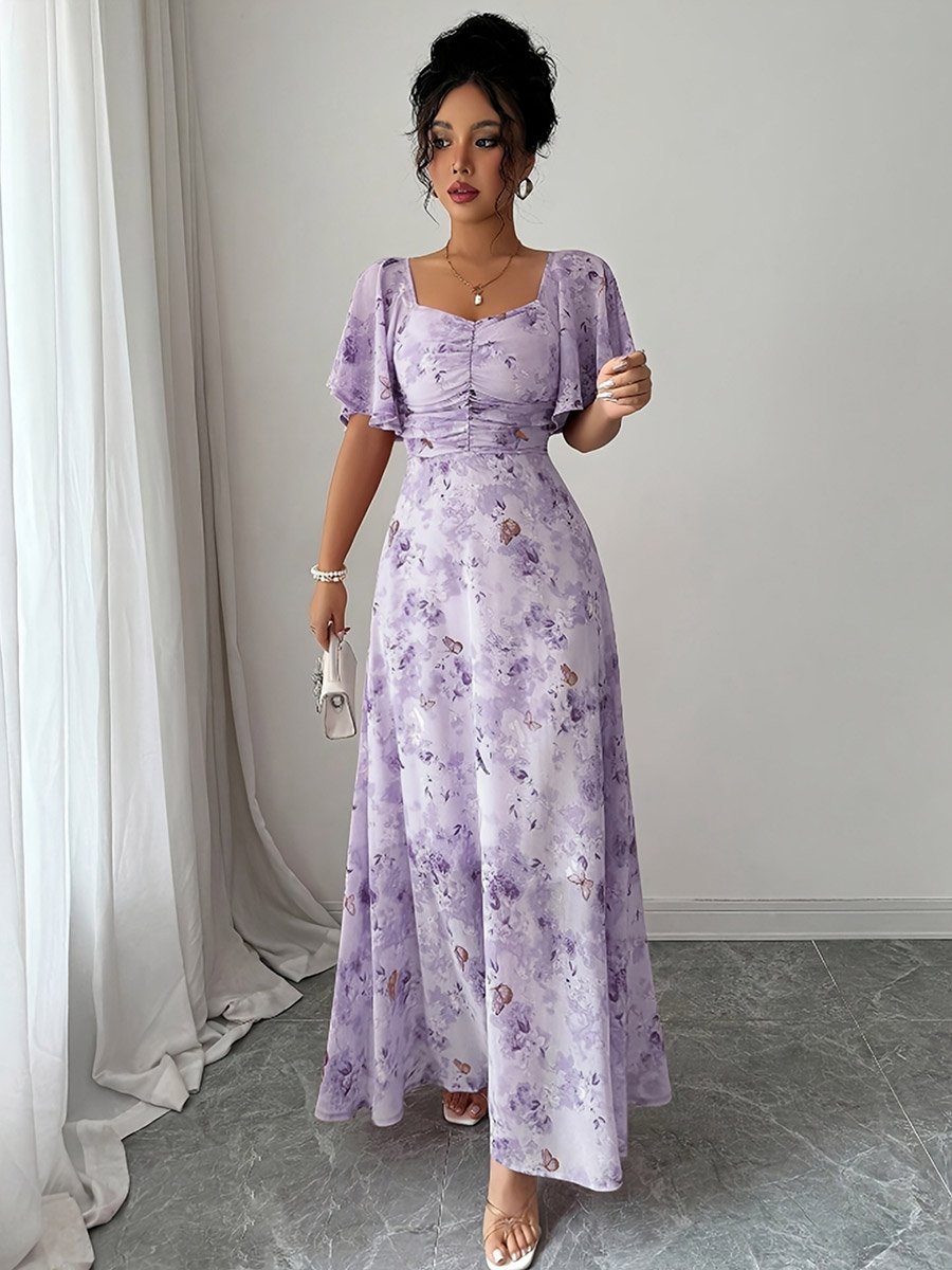 Purple Floral Butterfly Print Maxi Dress