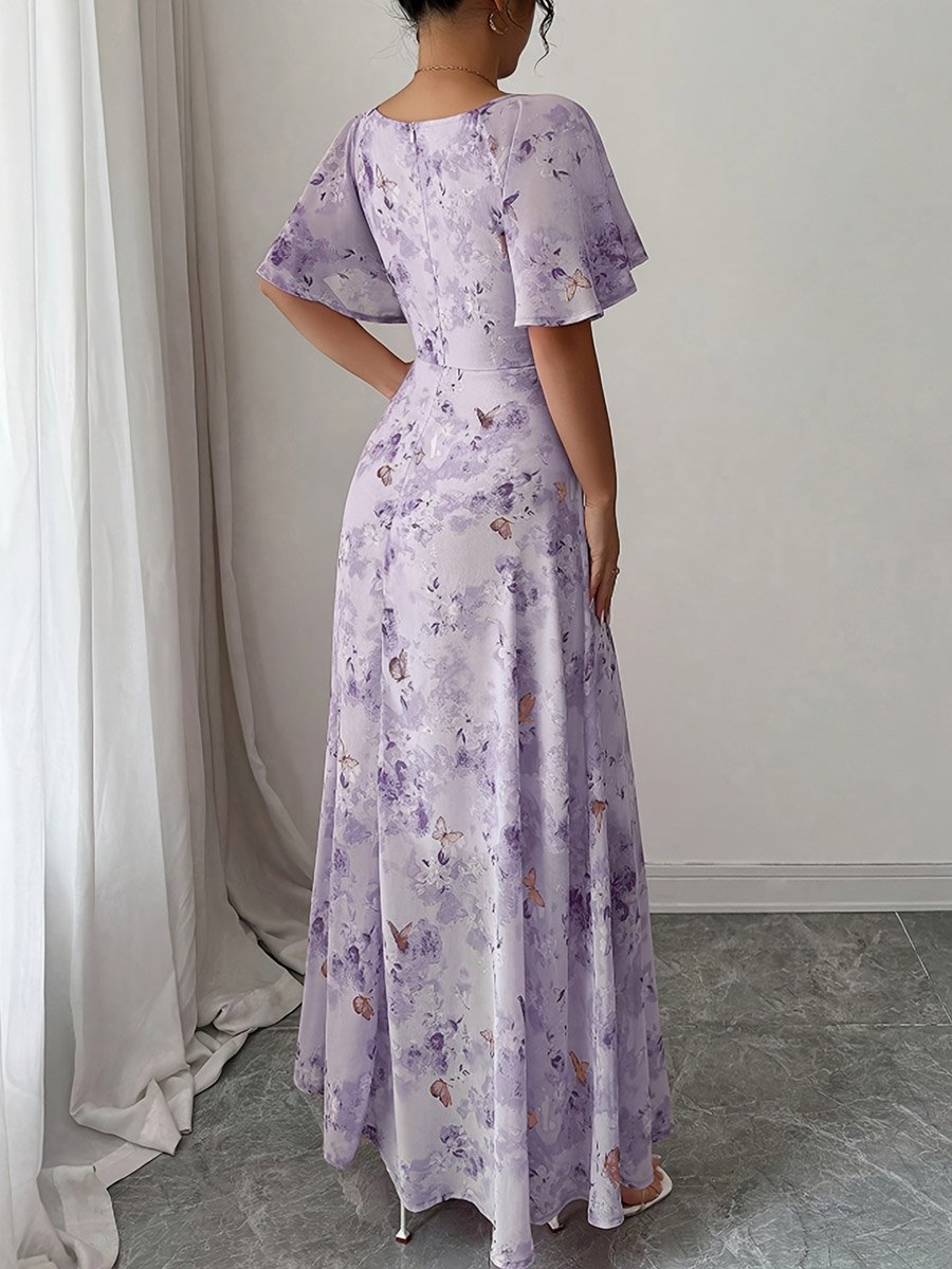Purple Floral Butterfly Print Maxi Dress