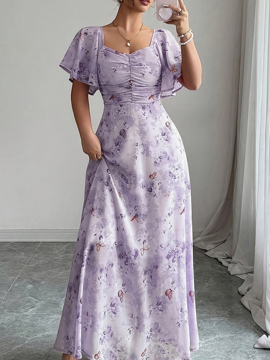 Purple Floral Butterfly Print Maxi Dress