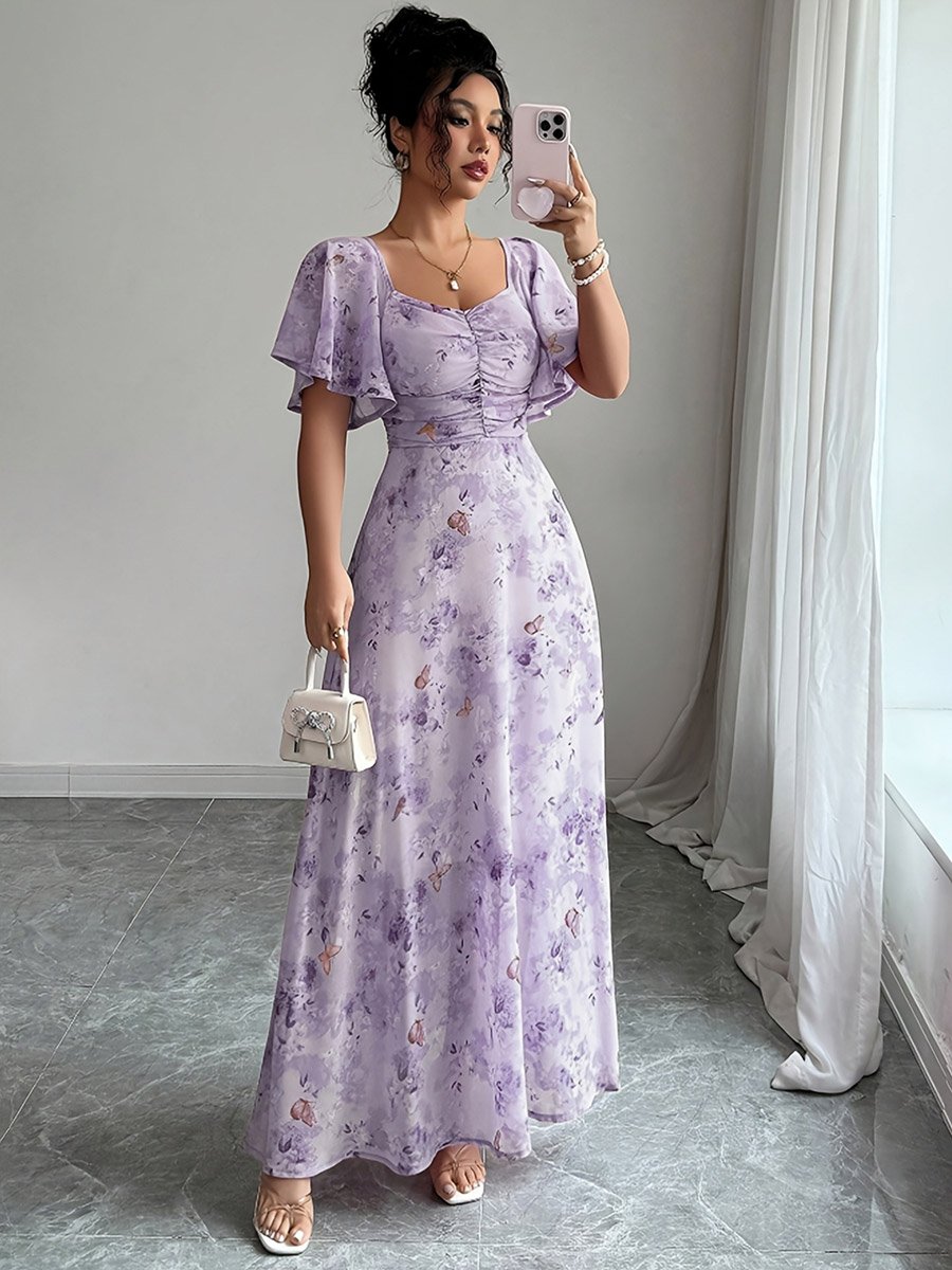 Purple Floral Butterfly Print Maxi Dress
