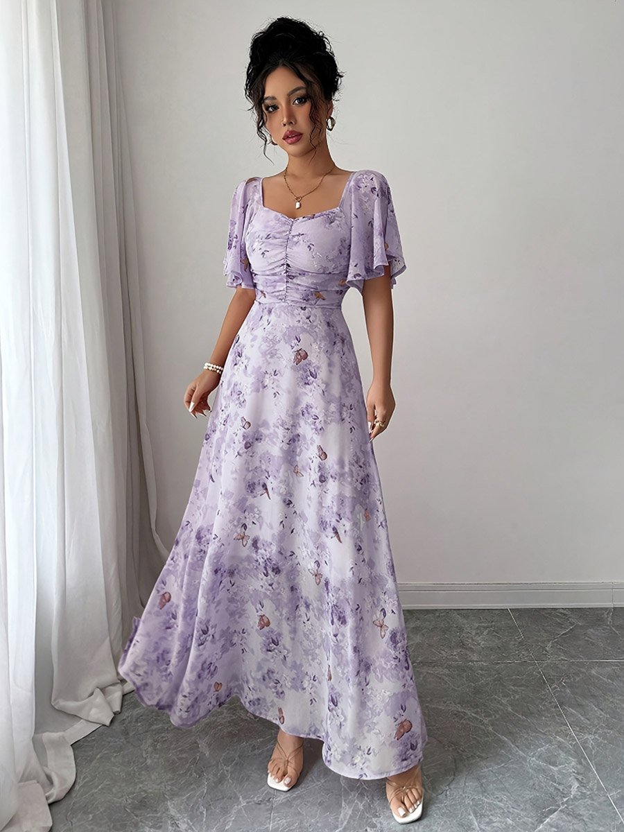 Purple Floral Butterfly Print Maxi Dress