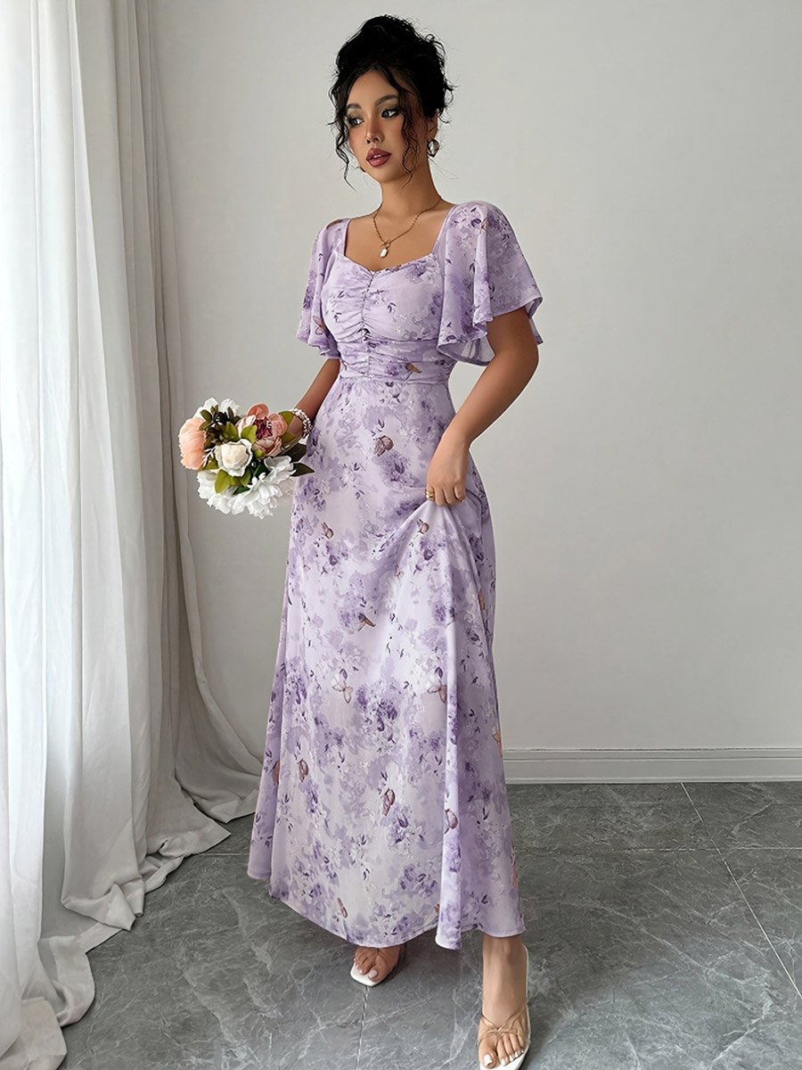 Purple Floral Butterfly Print Maxi Dress