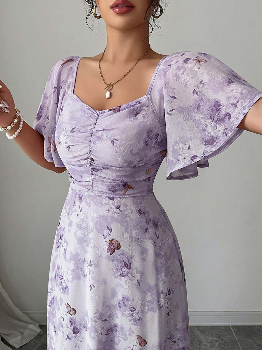 Purple Floral Butterfly Print Maxi Dress