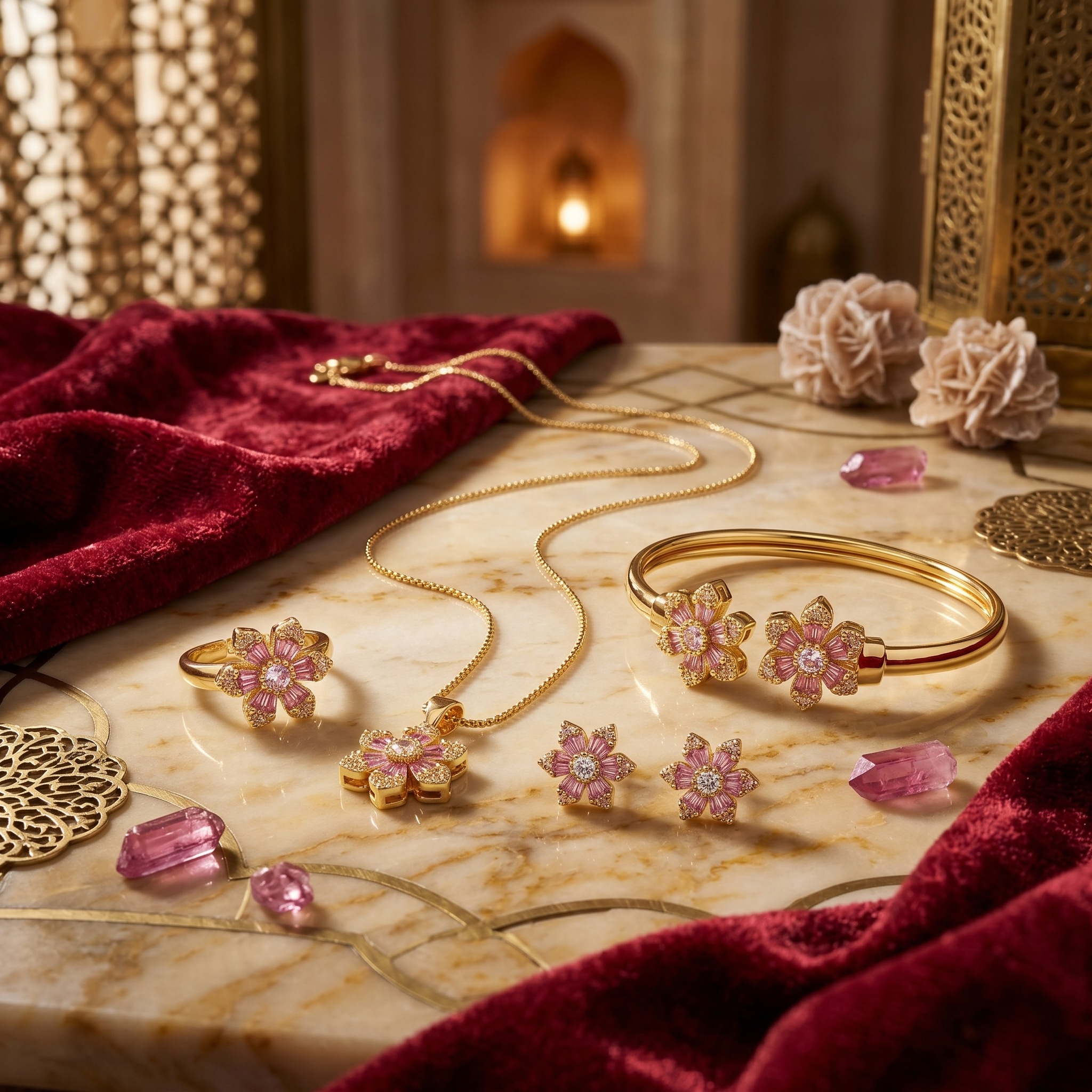 Glamorous Gold and Pink Flower Jewelry Set with Necklace, Earrings, Ring, Bracelet