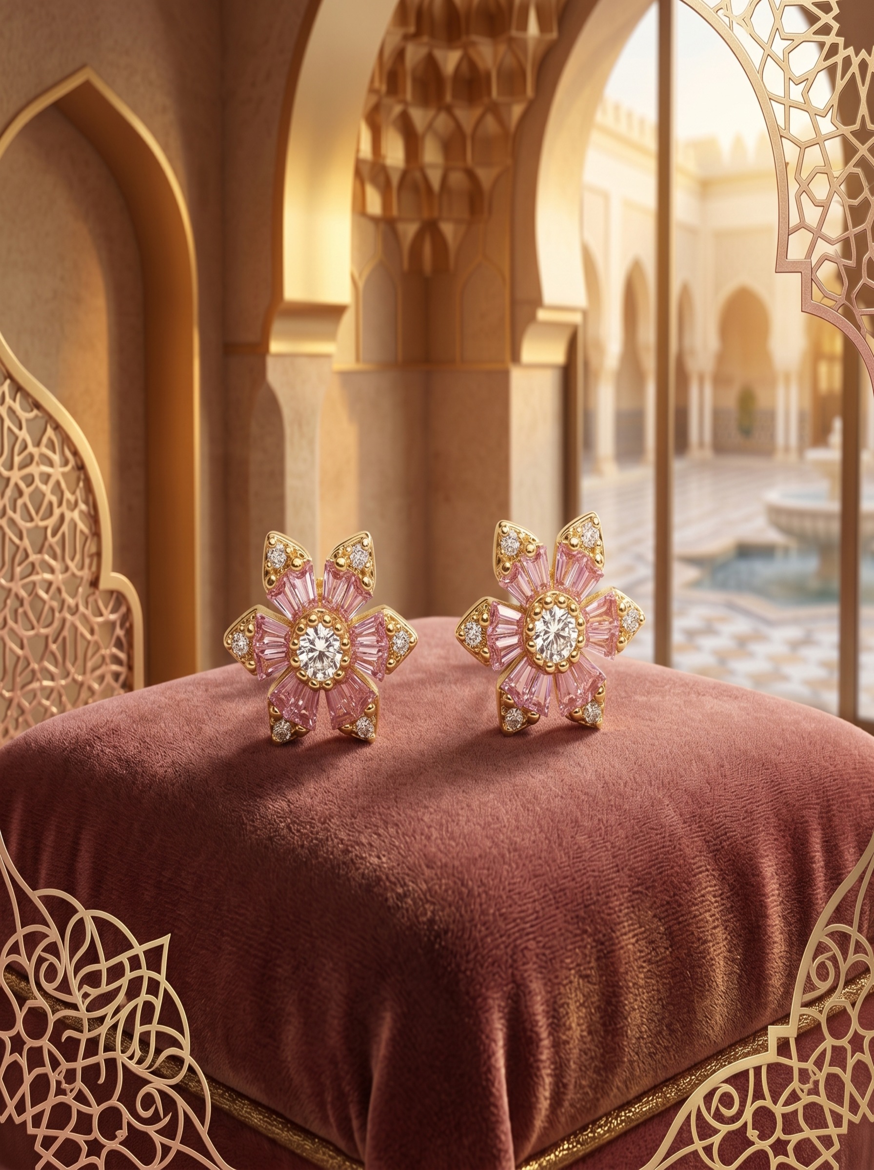 Glamorous Gold and Pink Flower Jewelry Set with Necklace, Earrings, Ring, Bracelet